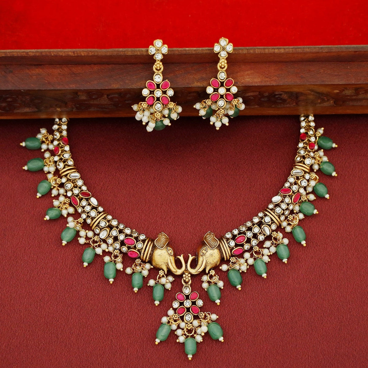 Gaja Lakshmi Dual Airavat Stiff Wing Pearl Beaded Short Neckpiece With Earring | Yavira Jewelry