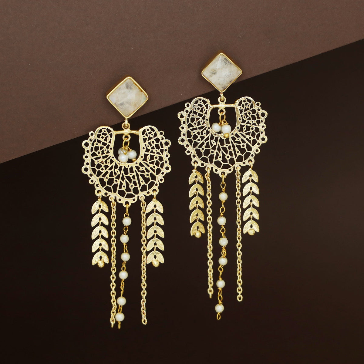 Golden Elvira Tri Hanging Leafy Natural Stone Long Earring | Yavira Jewelry