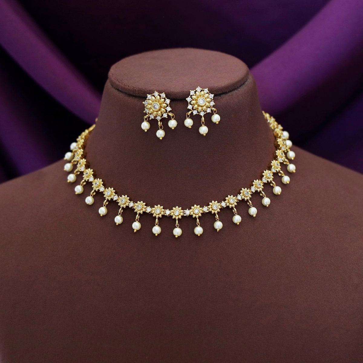 Manjushri American Diamond Stone Floral Claw Pearl Short Neckpiece With Earring | Yavira Jewelry