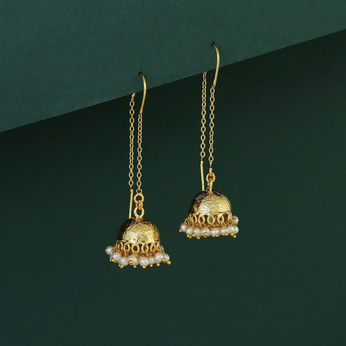 Sridevi Golden Textured Pearl Needle And Thread Jhumka | Yavira Jewelry