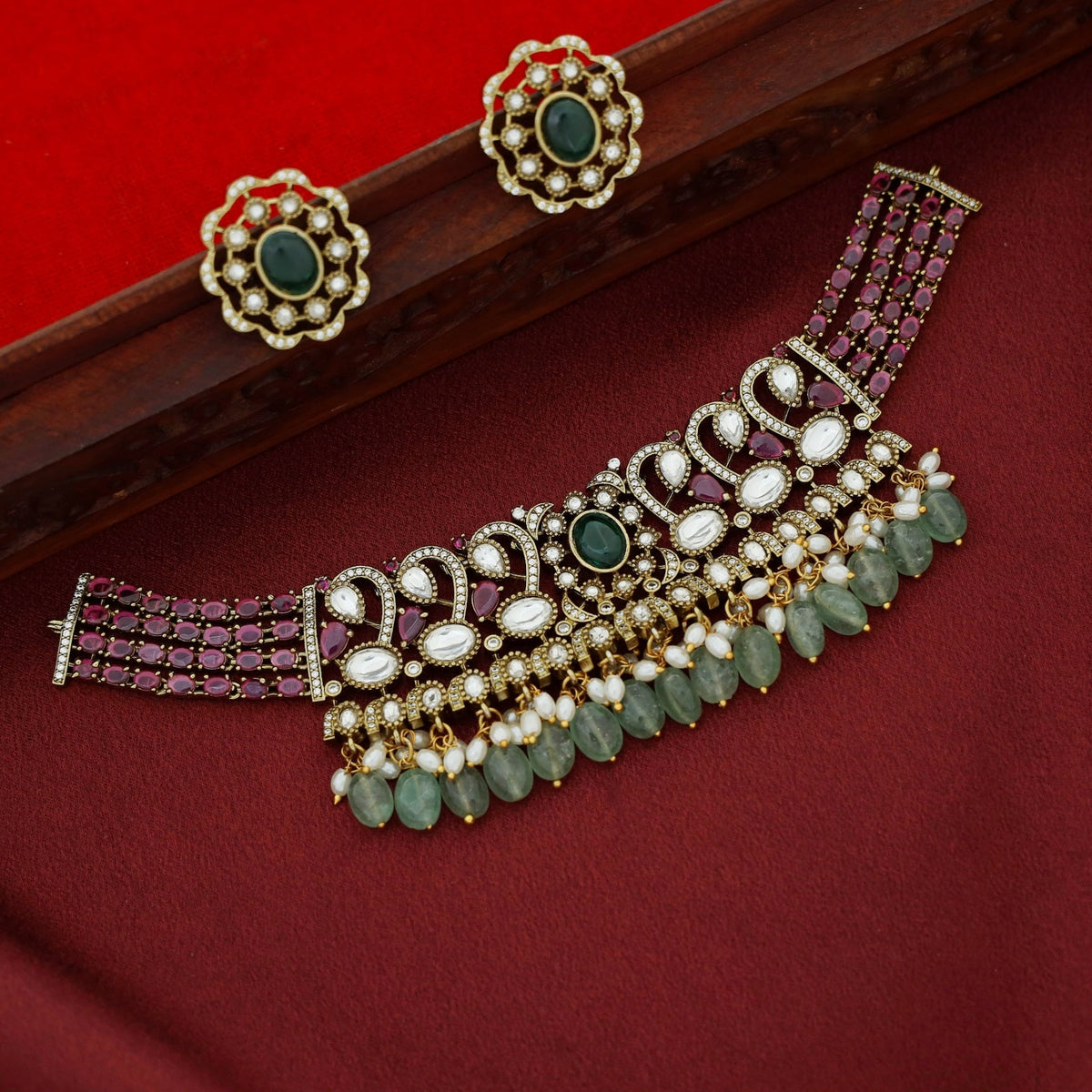 Premium Aadya Kundan Beaded Rice Pearl Choker With Stud | Yavira Jewelry