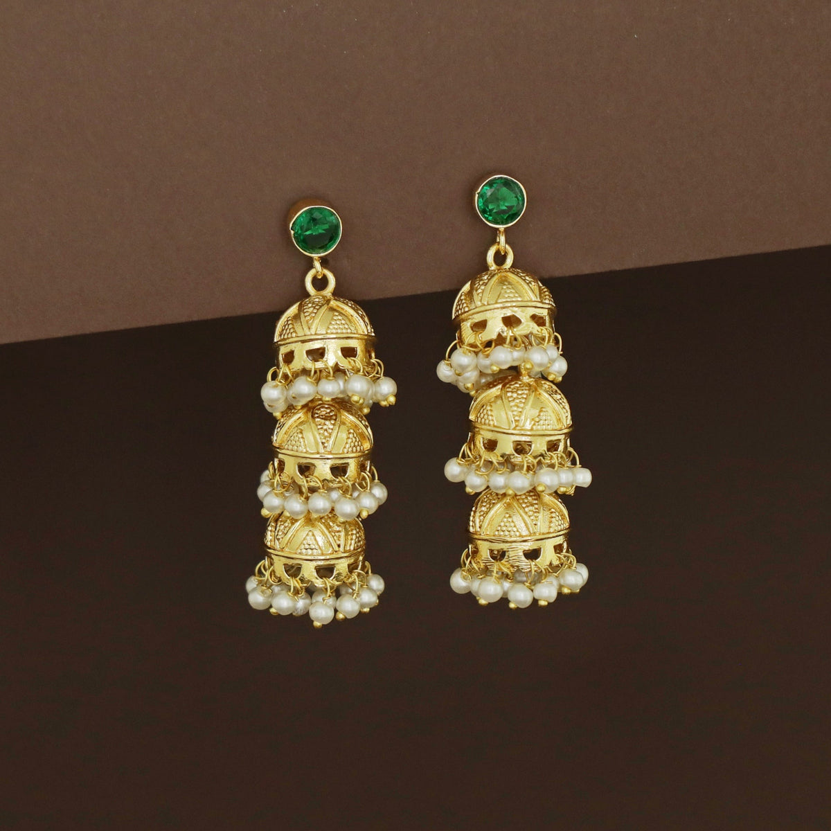 Krishna Golden Glossy Three Layer Pearl Jhumka | Yavira Jewelry