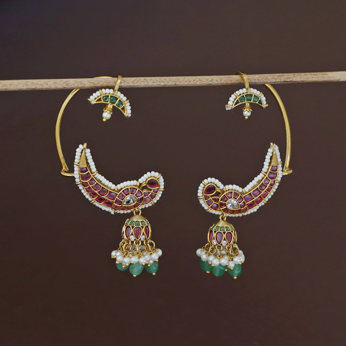 Lavika Kemp Stone Mayura Half Moon Pearl Beaded Jhumka Ear-Cuff | Yavira Jewelry