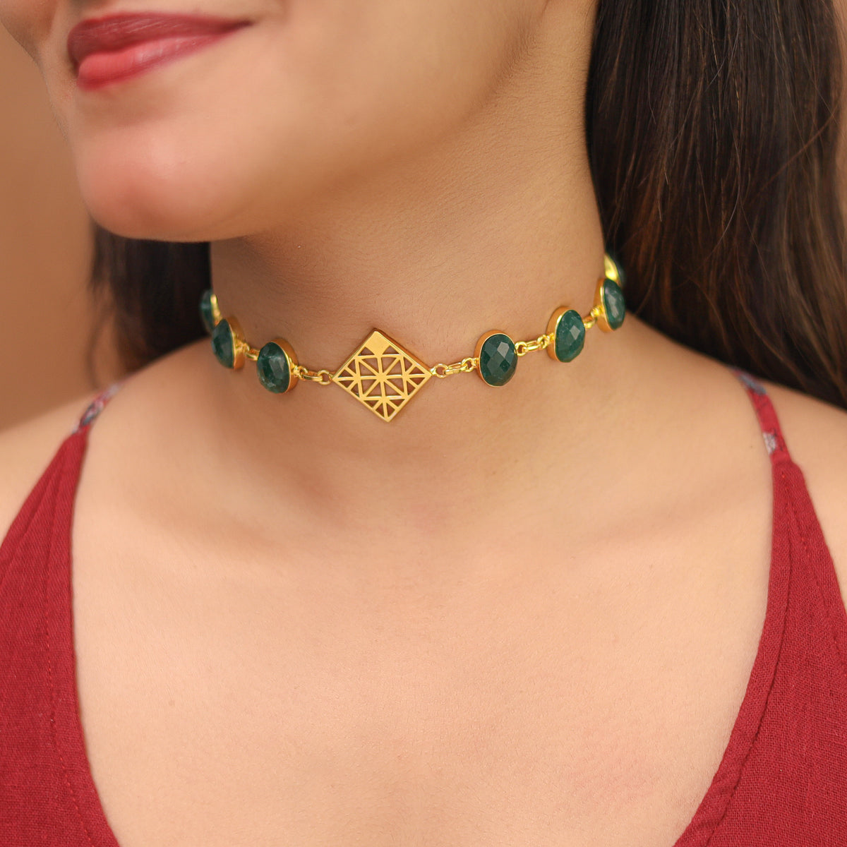 Mirelle Golden Rhombus Natural + Glossy Oval Stone Choker | Yavira Jewelry
