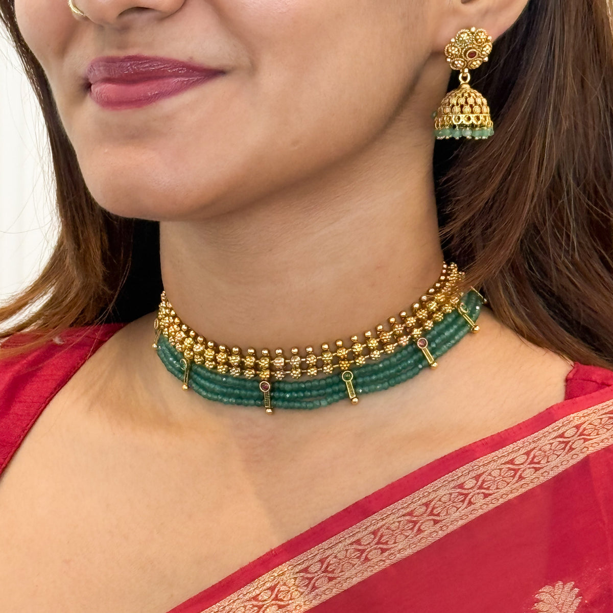 Vanasmitha Three Layer Beaded Floral Short Neckpiece With Earring | Yavira Jewelry