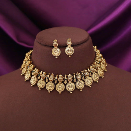 Adhrini Devi Kashi Mini Round Glossy Short Neckpiece With Earring | Yavira Jewelry