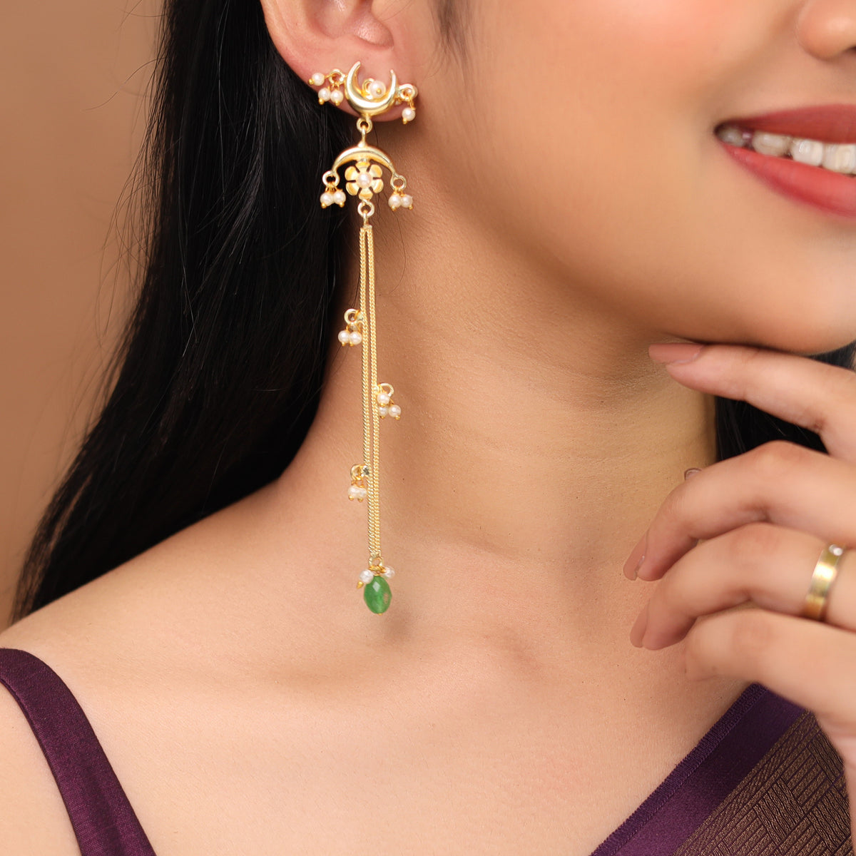 Mayansha Dual Half Moon Mitanshi Floral Hanging Pearl Bead Long Earring | Yavira Jewelry