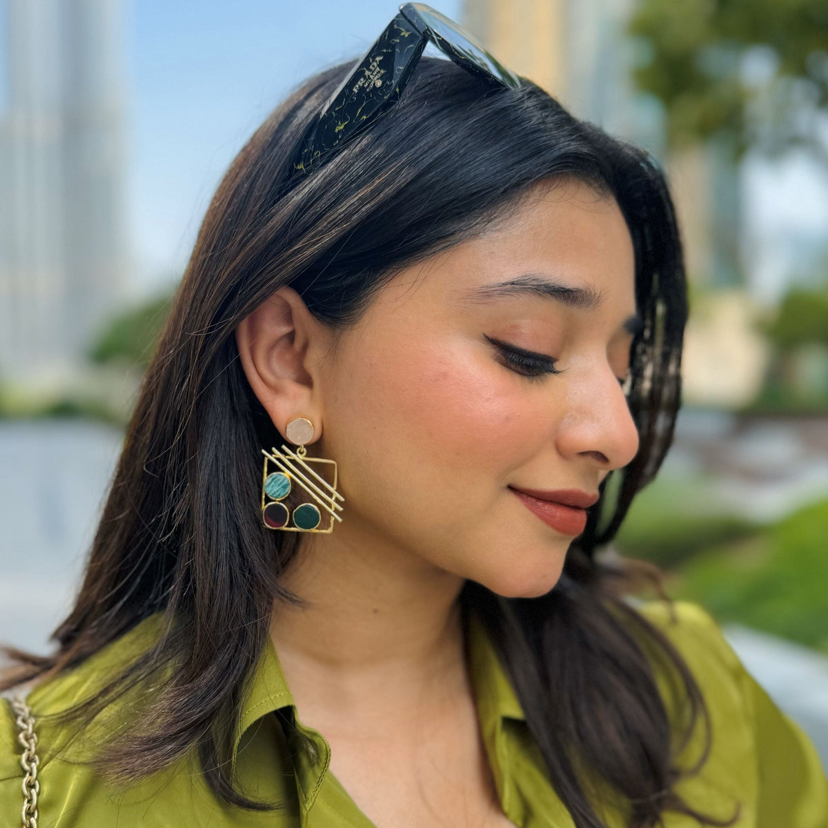 Golden Square Triple Line Raw Stone Earring | Yavira Jewelry