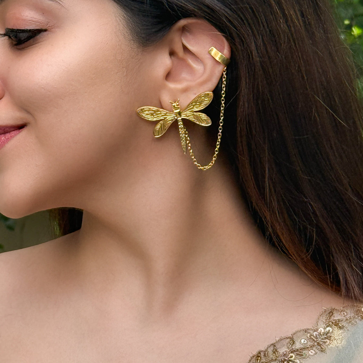 Arushi Golden Dragonfly Earring With Ear-Cuff | Yavira Jewelry