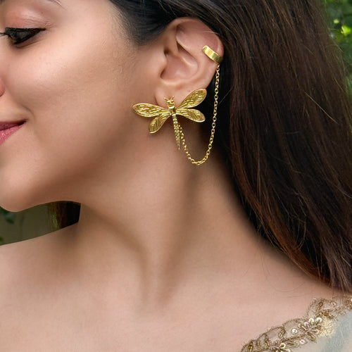 Arushi Golden Dragonfly Earring With Ear-Cuff | Yavira Jewelry