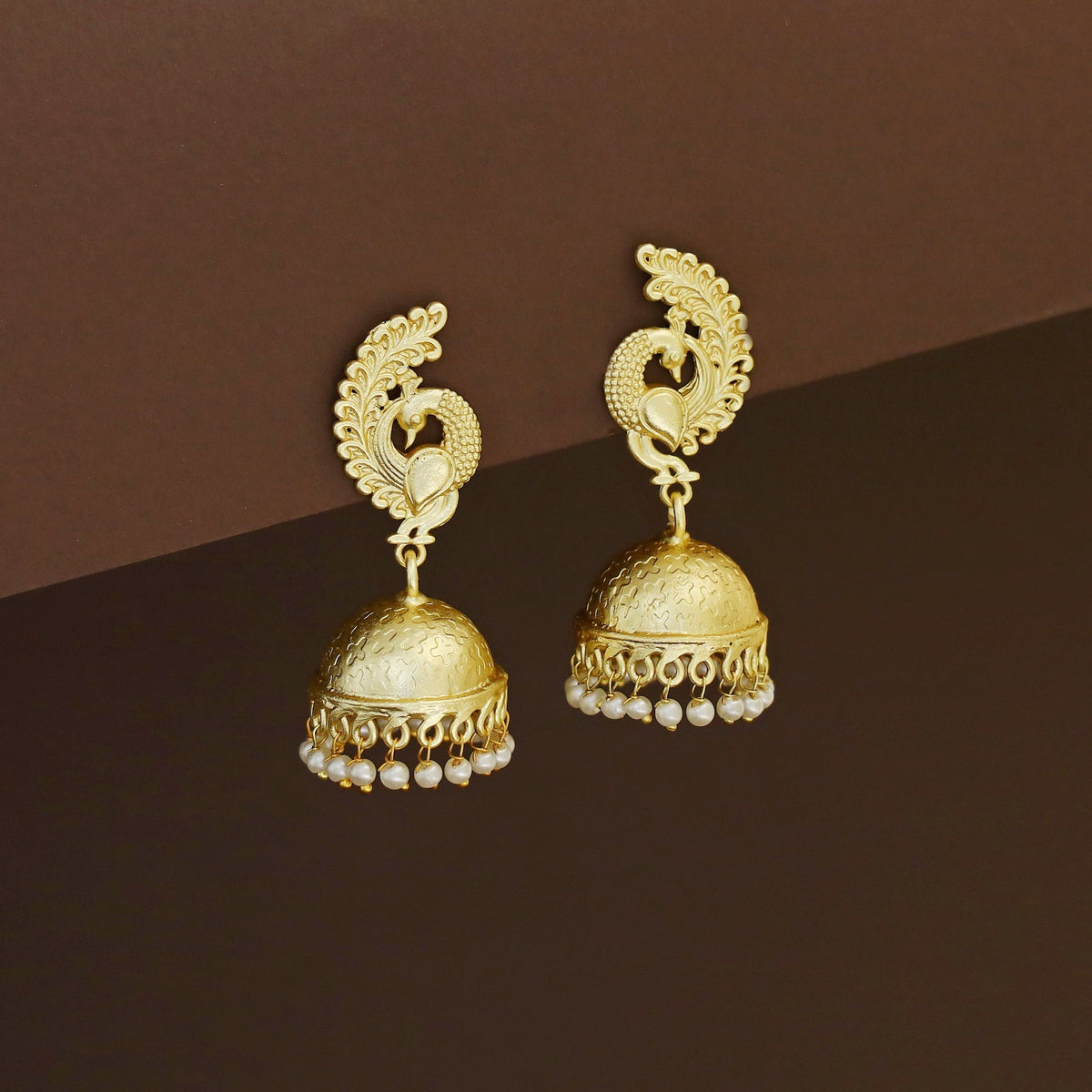 Swaranya Golden Mayura Textured Pearl Jhumka | Yavira Jewelry