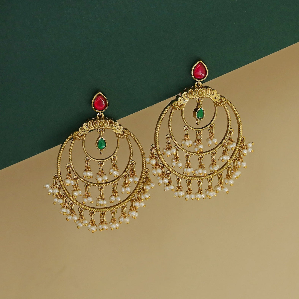 Vaidehika Jadau Kundan Tri Circle Pearl Earring | Yavira Jewelry