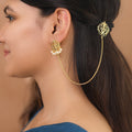 Golden Lotus Cluster Pearl Stud With Ear Chain ( Set Of 2 ) | Yavira Jewelry