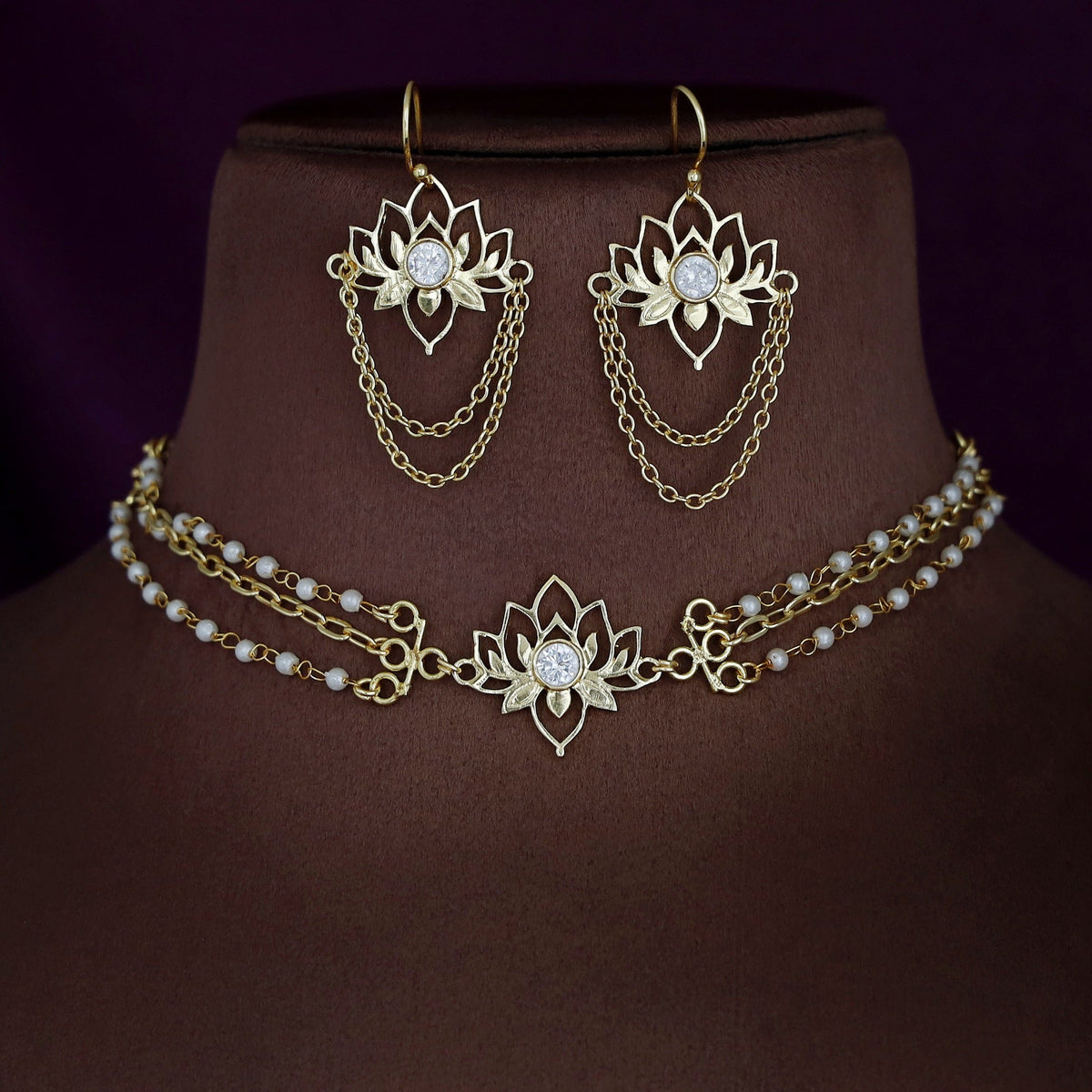 Arini Tri Layer Chainy Lotus Pearl Choker With Drop | Yavira Jewelry