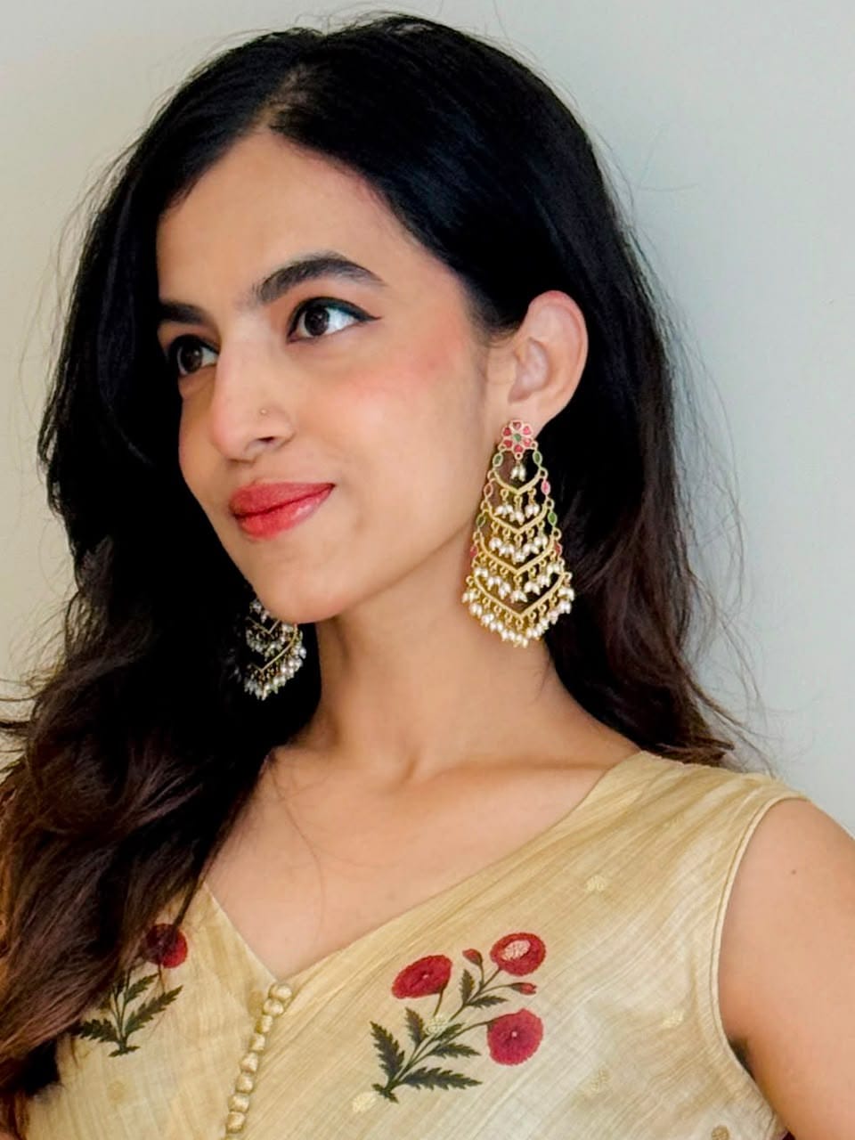 Sruthila 5 Layer Floral Rice Pearl Oval jadau kundan Earring | Yavira Jewelry