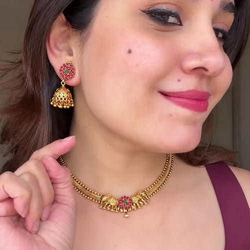Floral Golden Ball Dual Airavat Openable Short Neckpiece With Earring | Yavira Jewelry