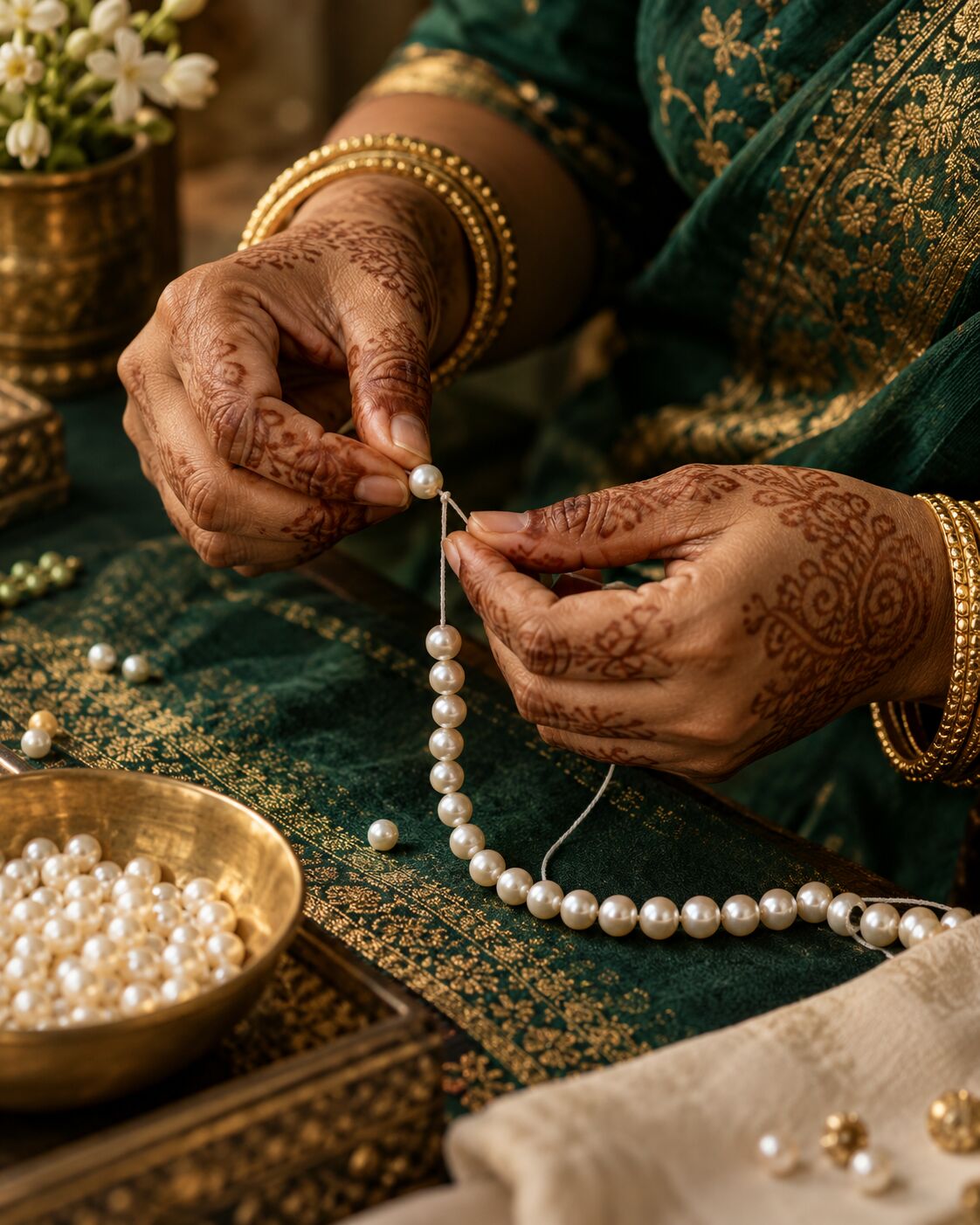 Hands stringing pearls for Yavira Jewelry